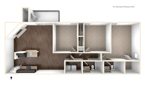 Floor plan for 3 beds, 2 baths, 1305 sqft